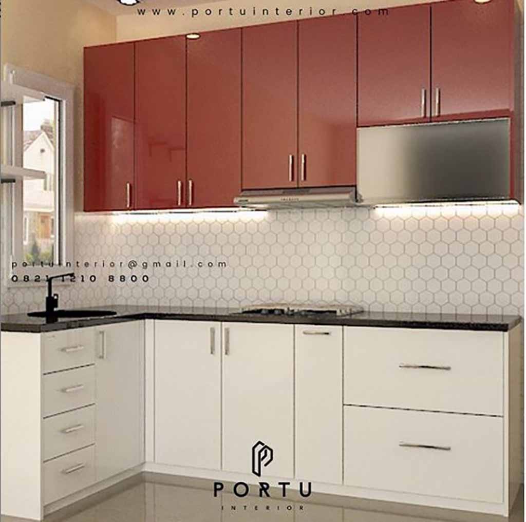 kitchen set model L kombinasi warna merah putih – Portu Interior
