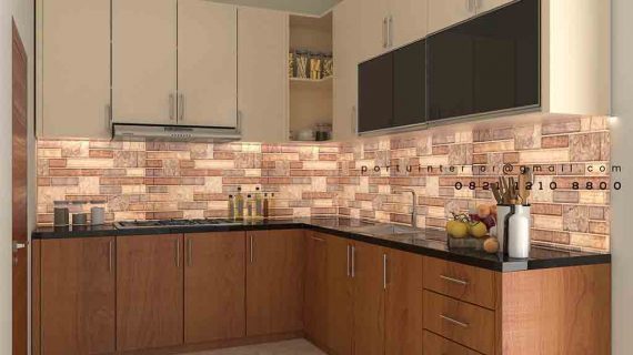 Pembuatan kitchen set minimalis finishing HPL motif kayu & warna cream